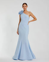 Blue One Shoulder Mermaid Gown With 3D Flower